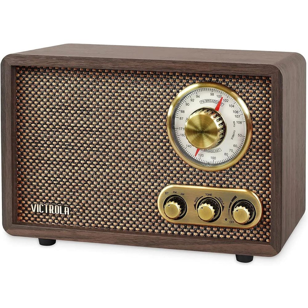 Radio Victrola retro de estilo vintage  de madera con Bluetooth y altavoces integrado